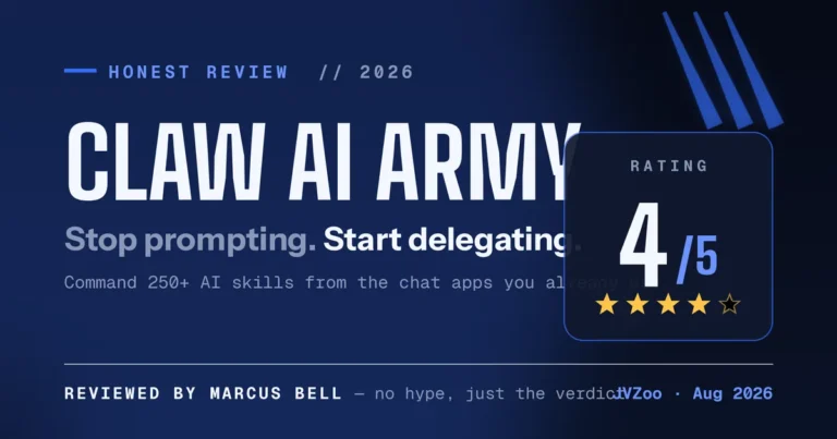 Claw AI Army review 2026 — 4 out of 5 rating, with the tagline "stop prompting, start delegating"