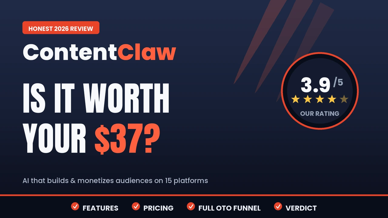 ContentClaw review 2026 — 3.9 out of 5 rating covering features, pricing, and the full OTO funnel