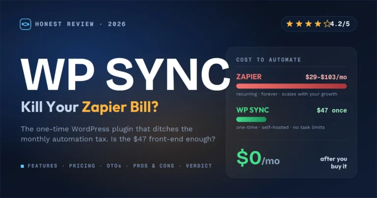 WP Sync review thumbnail comparing Zapier's monthly cost to WP Sync's one-time $47 price, rated 4.2 out of 5