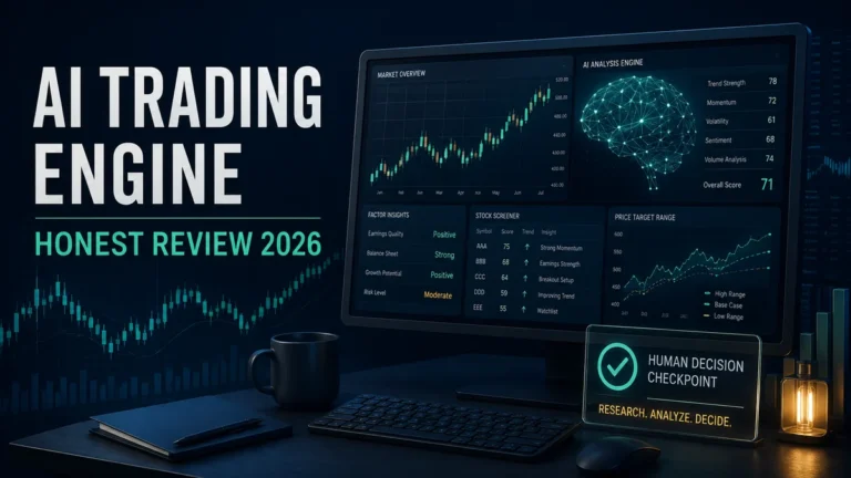 AI Trading Engine review 2026 showing an AI-assisted stock research dashboard with a human decision checkpoint
