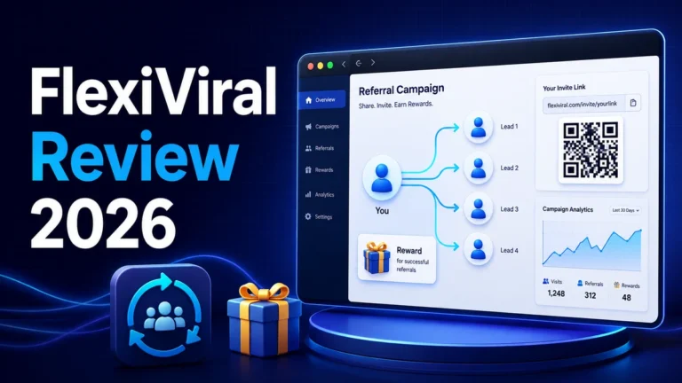 FlexiViral Commercial review graphic showing a referral campaign dashboard, reward, QR code, and branching lead flow