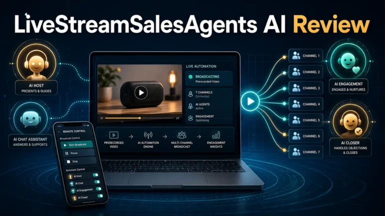LiveStreamSalesAgents AI review showing prerecorded multistreaming, four AI assistant roles, and seven broadcast channels