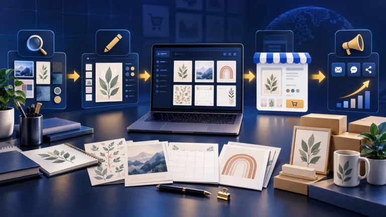 ProductsPilot review illustration showing AI-assisted digital product research, creation, marketplace listing, and promotion workflow