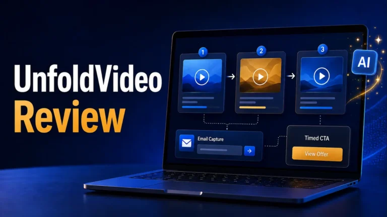 UnfoldVideo review showing a three-step AI video funnel, email capture, and timed call to action