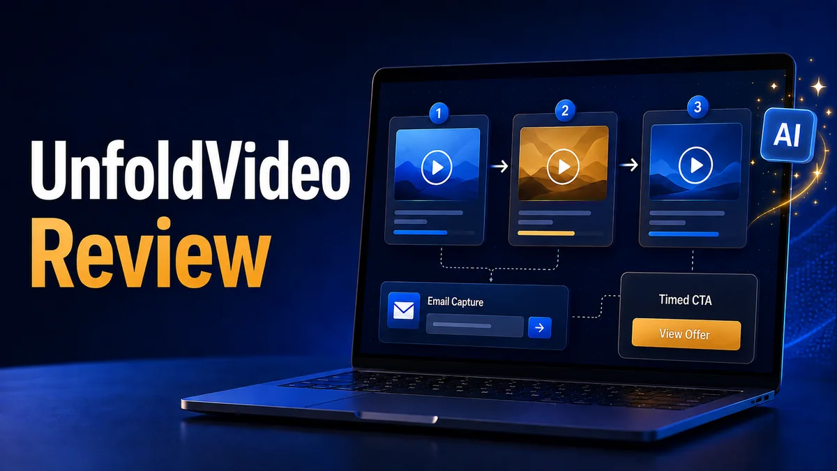 UnfoldVideo review showing a three-step AI video funnel, email capture, and timed call to action